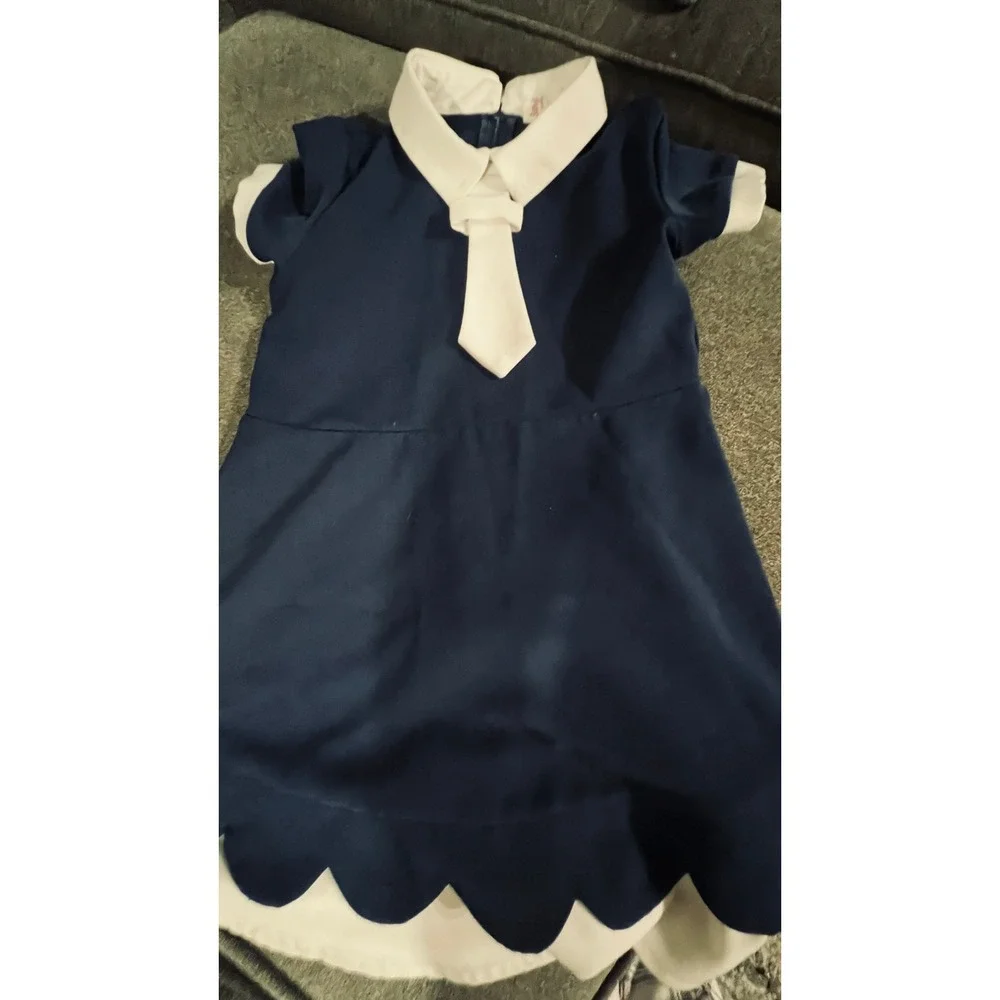 Sunny Fashion Sailor Dress Kids Size 6 Navy Blue Scalloped Hem Tie Detail